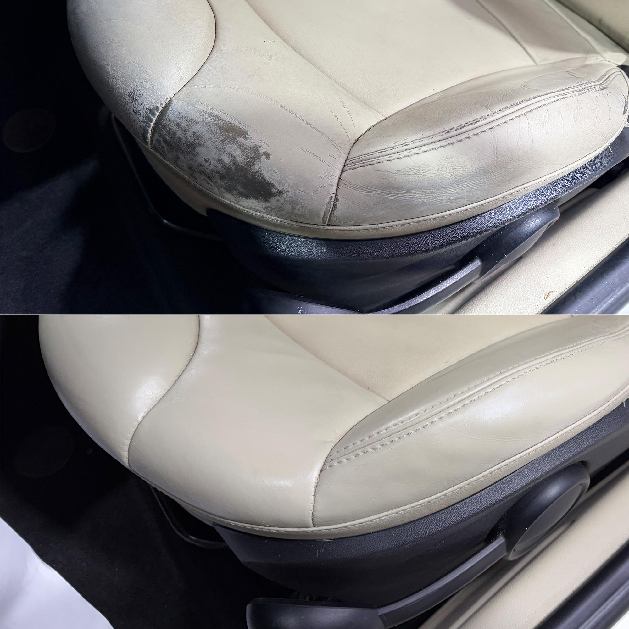 Restauration pigmentaire cuir beige — avant et après