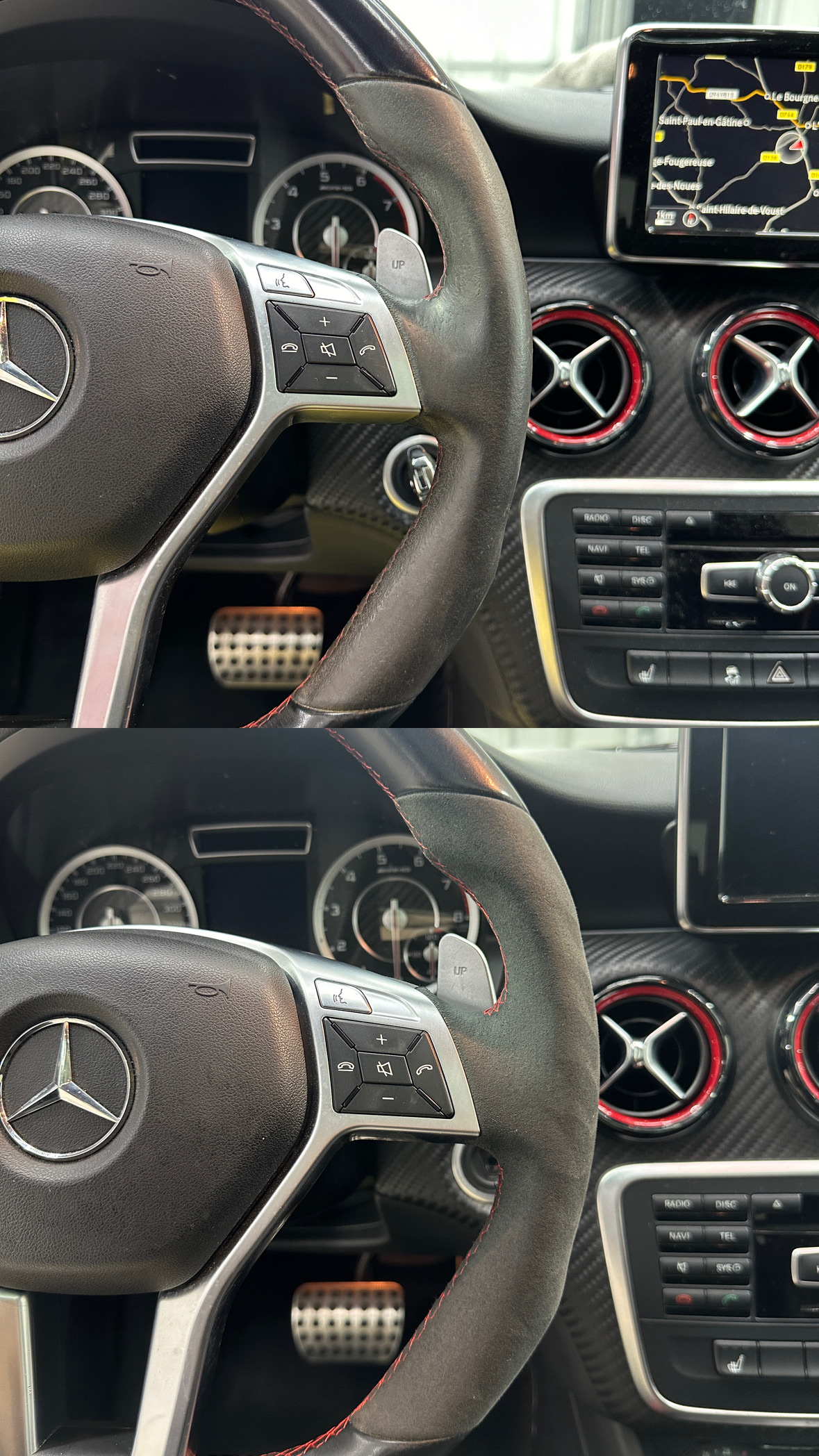 Sauvetage Alcantara volant usé — avant et après